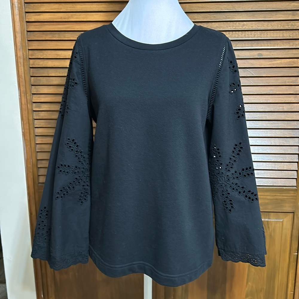 Elaine Rose Black Sweatshirt Loose Eyelet Sleeve Top/Shirt Size S